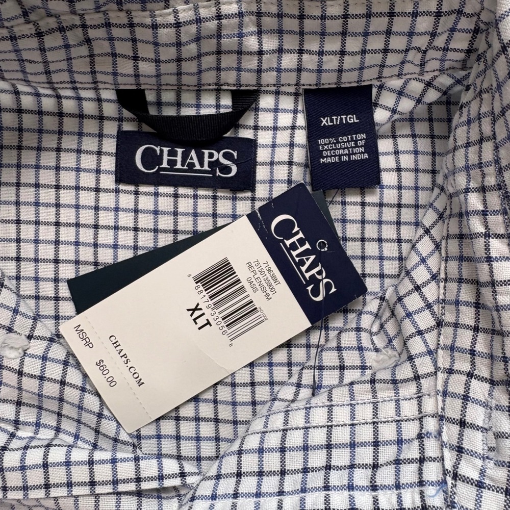 NWT Chaps Button Down Shirt Mens XL Tall White Blue Check Long Sleeve Office - Picture 4 of 6